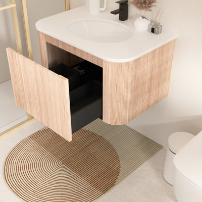 24 Inch Bathroom Vanity Wall - Hung, Smooth Arc Front, Natural Wood Grain, Integrated Cultured Marble Sink, Drawer For Organizing Cosmetics Mounted Vanity, Slatted Grain Texture, Ceramic Soft Close