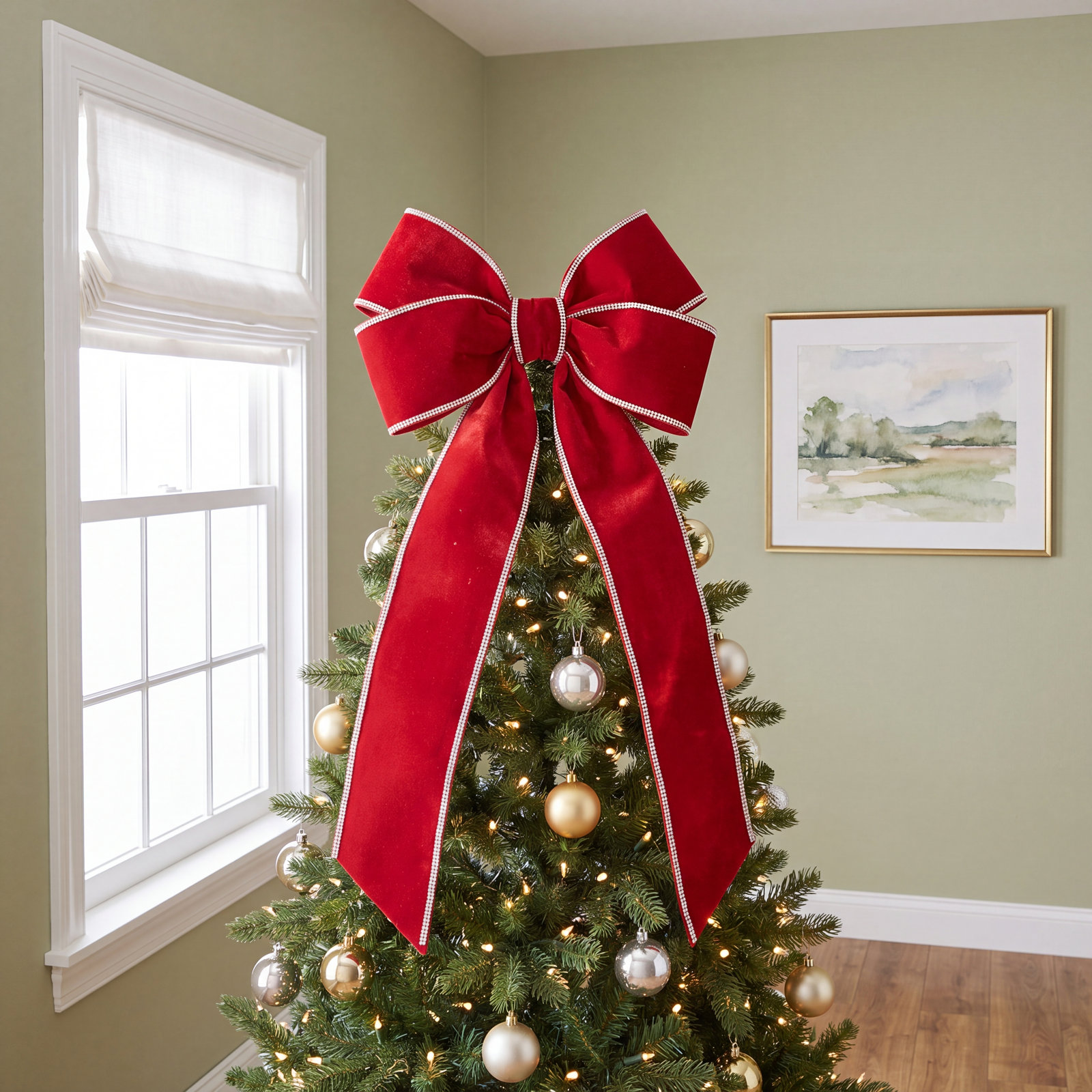 Navy Blue Holiday Bow, 3'' H x 14'' W x 9'' D, Red;Silver