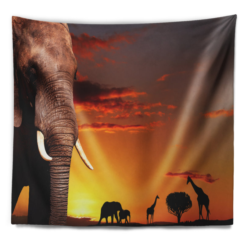 Éléphant d'afrique avec tapisserie africaine, H 32 po x l 39 po