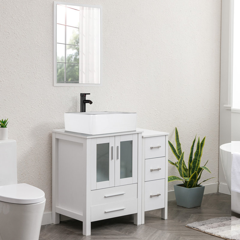 Breahnna 36'' Single Bathroom Vanity with Manufactured Wood Top, Vessel Sink, Faucet, Drain, White, White