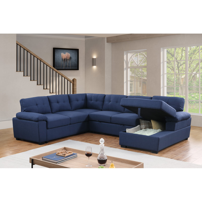 Aine 118" Wide Fabric Sectional Sleeper Sofa (Pull-Out Bed) With Storage Chaise, Dark Blue Microfiber/Microsuede