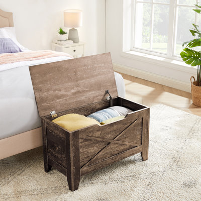 30 Inch Brown Wooden Storage Bench with Lid – Multi-Functional Shoe Bench, Blanket Chest & Toy Box for Entryway, Bedroom, or Living Room