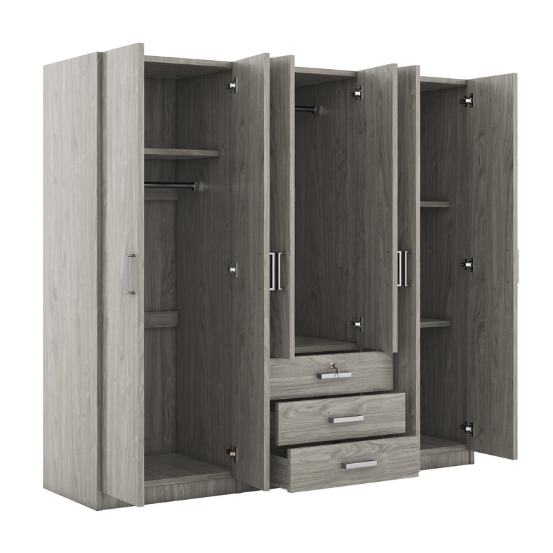 Armoire de rangement Mid-Century moderne à 6 portes en bois pour chambre avec grands tiroirs, Gris
