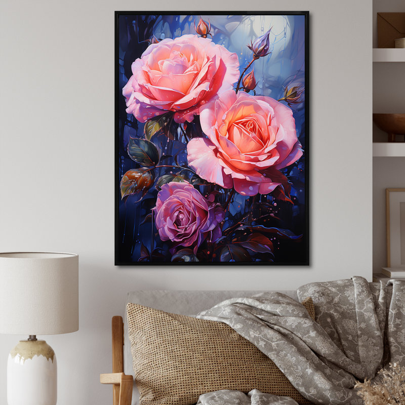 Fleur de néon rose sur toile, H 40 po x l 30 po x P 1,5 po, Cadre flottant noir