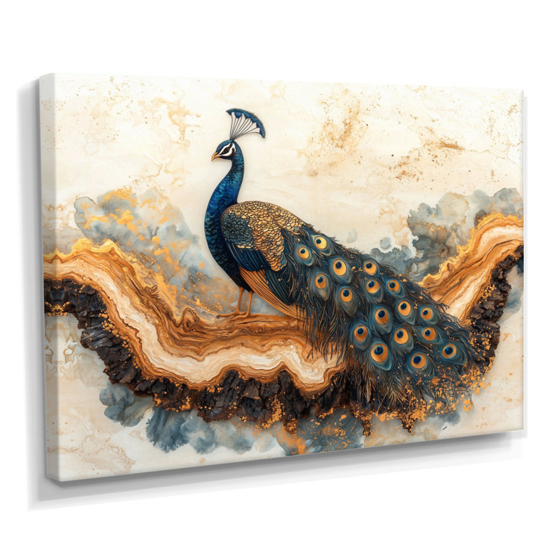 «Hannann Golden Aqua and Wood Peacock Landscape I», art mural paon, H 30 po x l 40 po, Toile tendue, Ne s’applique pas