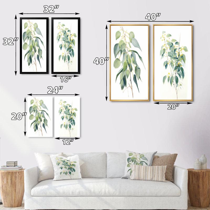 "Minimalisme eucalyptus", 2 pièces sur toile, H 40 po x l 40 po, Encadrement brun
