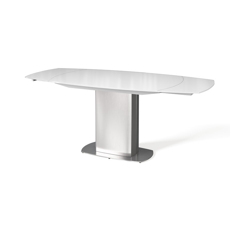 Conanso Oval Glass Top Metal Base Dining Table, Brushed Steel/White
