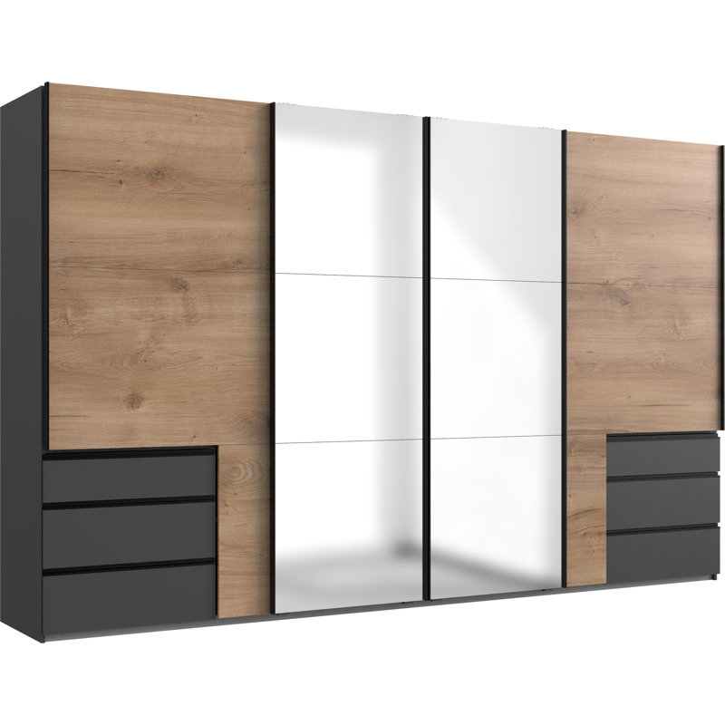 Guardino 4 Door Wardrobe, 216cm H x 350cm W x 65cm D, Plank Oak/Graphite
