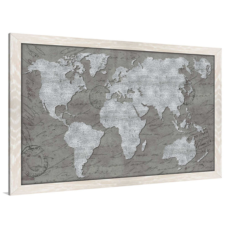«World Map on Script» par Elizabeth Medley - impression, Cadre crème délavé, H 21,5 po x l 27,5 po x P 0,75 po
