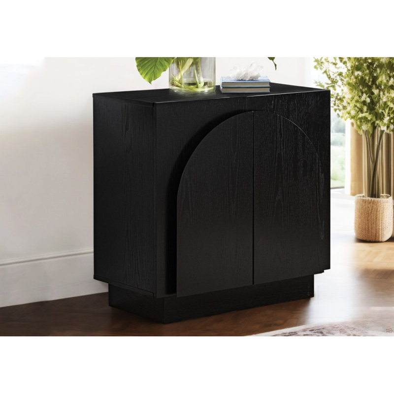 Buffet noir de style Mid-Century, rangement en bois de cuisine ou de salon, coins arqués, chêne moderne propre, armoire, conception à rebords arrondis, facile à installer