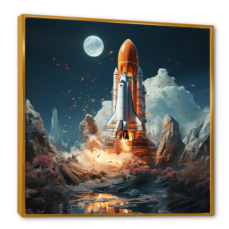 Rocketship Cosmic Odyssey sur impression sur toile, H 24 po x l 24 po x P 1 po, Cadre flottant doré