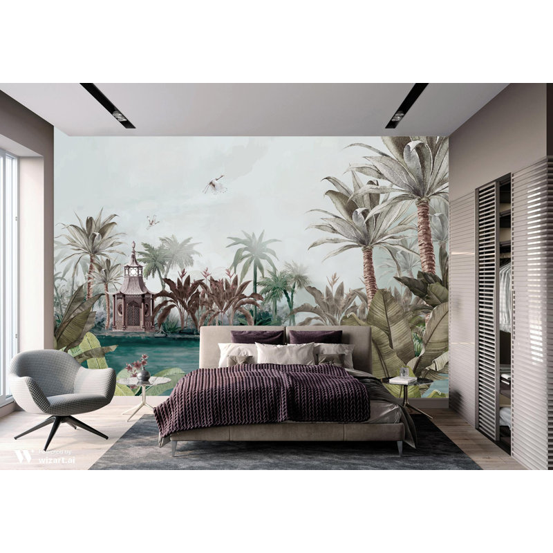 Mur de cygnes palmiers tropicaux, L 117,96 po x l 131 po, Brun