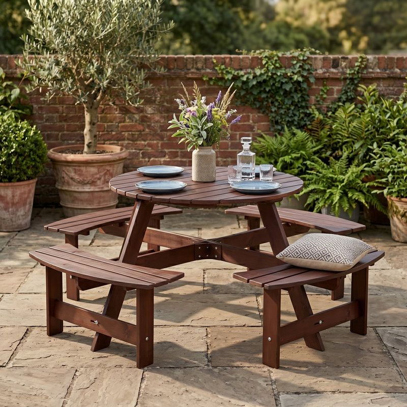 Table de pique-nique ronde 35,5 po avec 3 bancs intégrés et un trou pour parasol, brun, Brun