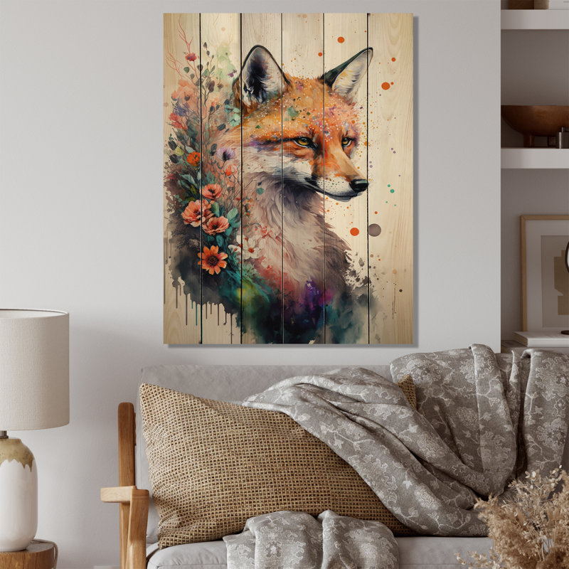 Annabelle, renard mignon, art floral I - impression sans cadre sur bois, H 32 po x l 24 po x P 1 po