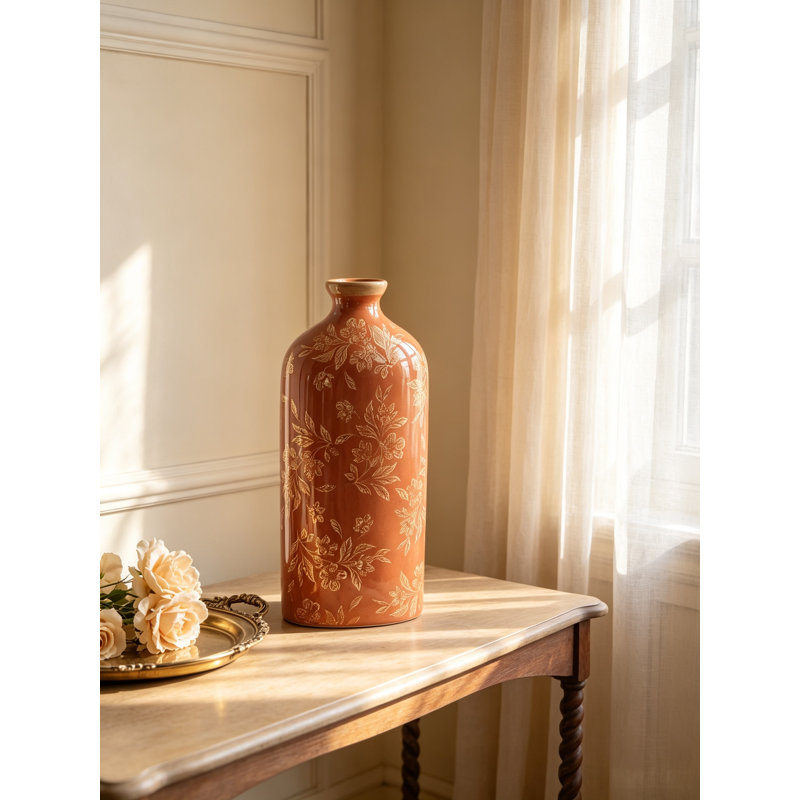 Vase décoratif en céramique rouge avec motif floral, grand vase de table fabriqué à la main de 14,4 po - Centre de table artisanal vitré pour salon, table de salle à manger et tablette