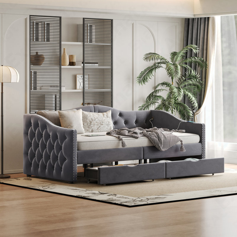 Full Size Boucle Bed Frame, Upholstered Cloud Bed Frame With Headboard, With 2 Storage Drawers And 2 USB Charging Design, Solid Wood Legs And Slats, No Box Spring Needed,Grey Full