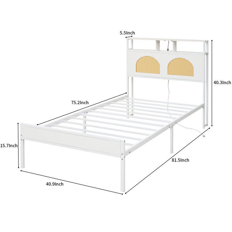 Cadre de lit simple blanc avec tête de lit garnie, lumières à DEL, 2 ports, rangement sous le comptoir, assemblage rapide, sans sommier, soutien solide, grincement, bruit, tête à installation facile, DEL, station de charge, espace
