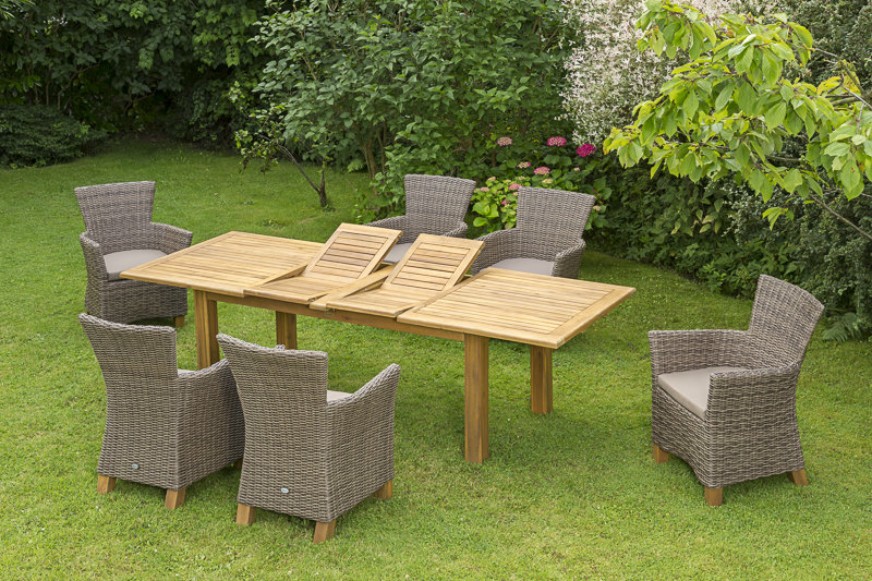 Irby 8 - Person Acacia Wicker Patio Dining Set with Rectangular Table , Cushions Included, Natural