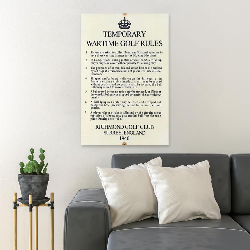 Golf Rules - Temporary Wartime Golf Rules - 1 Piece Rectangle Graphic Art Print On Wrapped Canvas, 14" H x 11" W x 2" D