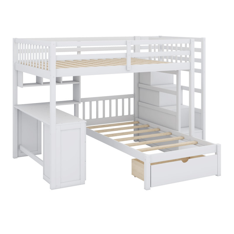 Lit superposé avec bureau, tiroirs et tablettes, Blanc