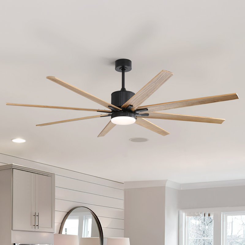 Brixham 76" 8- Blade LED Smart Chandelier Ceiling Fan with Remote Control and Light Kit Included, Black with Oak Blades