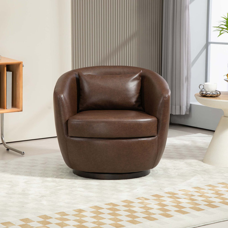 Fauteuil demi-tonneau rembourré pivotant avec rangement, Simili cuir brun foncé