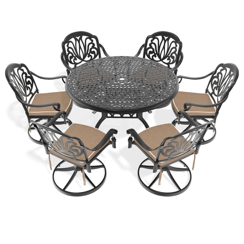 7 chaises de patio en fonte d'aluminium - 6 chaises pivotantes, table ronde de 48,03 po, sièges d'extérieur noirs polis, trempé
