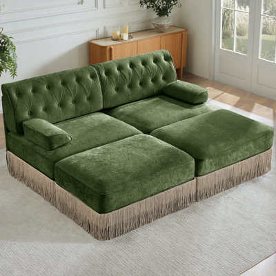 2 en 2, jupe à pampilles, tissu en velours respirant, carré légèrement incurvé, canapé modulaire pour la décoration du salon, combinaison de confort facile à assembler, design