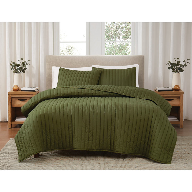 Cotton Standard Quilt, Olive Green, King Quilt + 2 Standard Shams