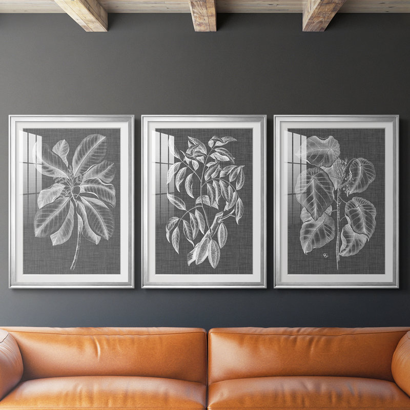 Graphic Foliage II - reproduction encadrée sur mesure de qualité supérieure mate - 3 pièces, H 21 po x l 30 po, Argent argent