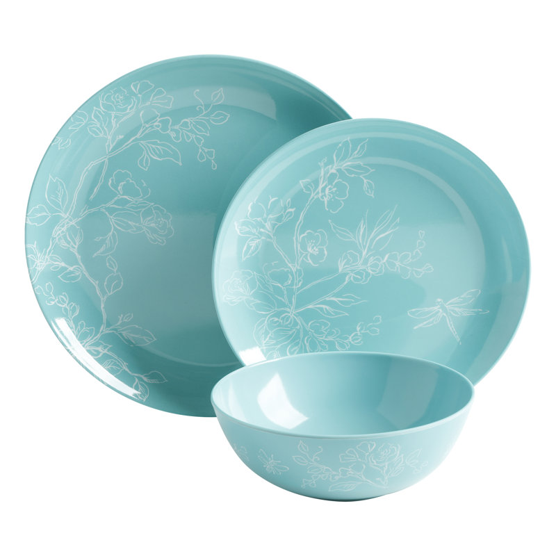 Teal Floral Melamine Round Dinnerware Set, Service for 4