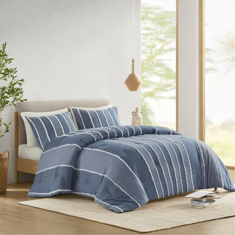 Ensemble d'édredon 3 pièces en coton rayé double / grand, bleu