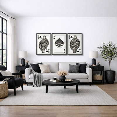 Black White Playing Cards Queen King Ace Artwork, Living Room Pictures, Framed Canvas Giclee Print 3 Pieces Wall Art