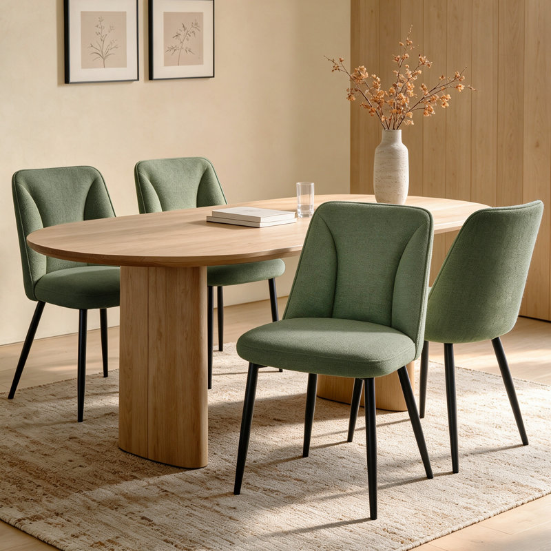 Modern Linen/Suede Upholstered Dining Chair with 8cm Thickened Cushion, Green Linen, 4