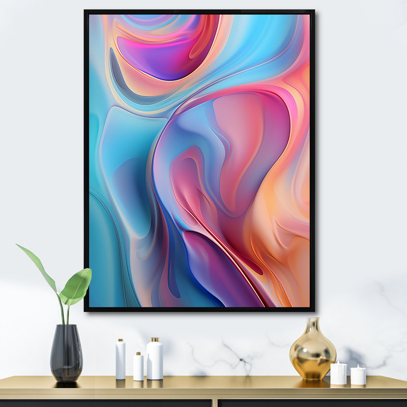 «Transitional Pink and Blue Shapes IV», art mural abstrait sur toile, Cadre flottant noir, H 40 po x l 30 po x P 1,5 po