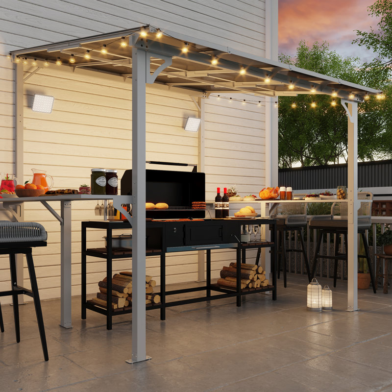 Meissalivve 8' X 8' Wall Mounted Gazebo, Outdoor Bbq Grill Gazebo With Side Shelf, Lean To Metal Awnings With Sloped Roof, Heavy Duty Pergola For Backyard, Deck, White