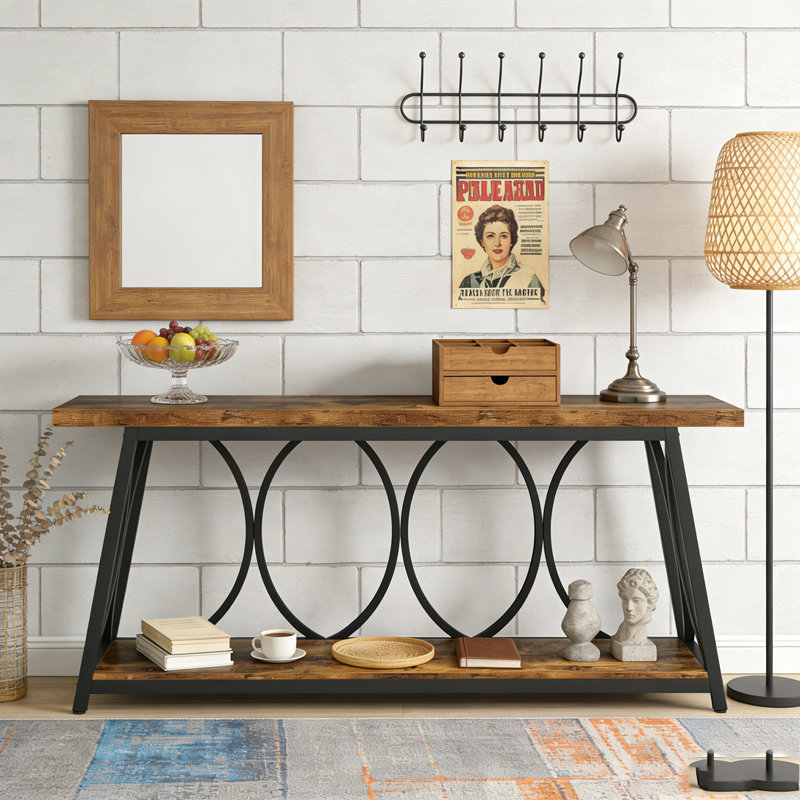 2-Tier Console Table Industrial Sofa Table Behind Couch with Shelves, Black & Brown