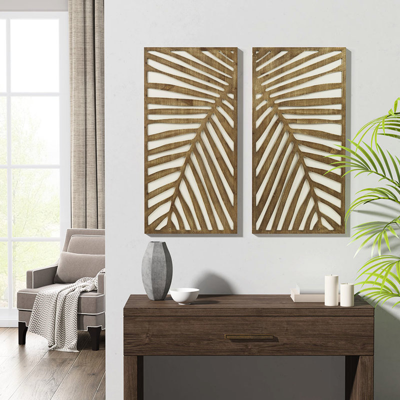 2 décorations murales sur le thème des feuilles en bois naturel deux tons et motif blanc