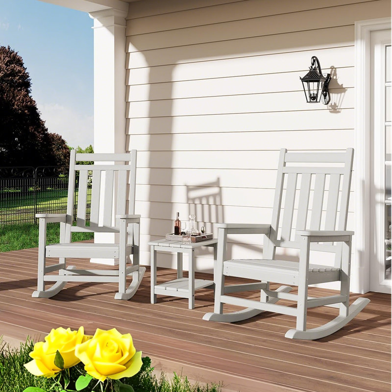 Poly Lumber Rocking Chair Outdoor Set of 2 with Side Table - HDPE High Back Porch Rocker Chairs for Adults - All Weather Resistant Furniture for Patio