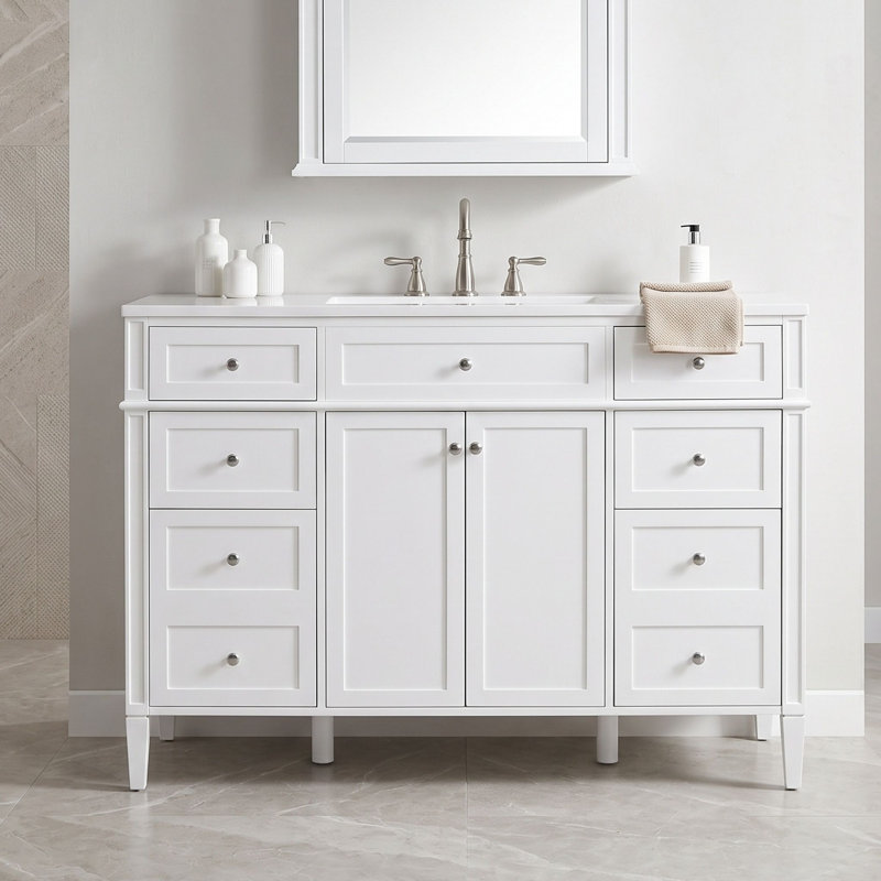 Meuble-lavabo autoportant moderne avec comptoir en composite, tiroirs de rangement et charnières à fermeture en douceur