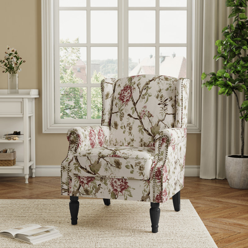  Duward Beige Floral Upholstered Wingback Accent Chair with Nailhead Trim, Floral Bird Beige 
