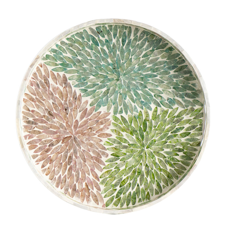 Plateau rond en panneau de fibres à densité moyenne 16 po avec motif floral multicolore Capiz, H 2 po x L 15,7 po x l 15,7 po