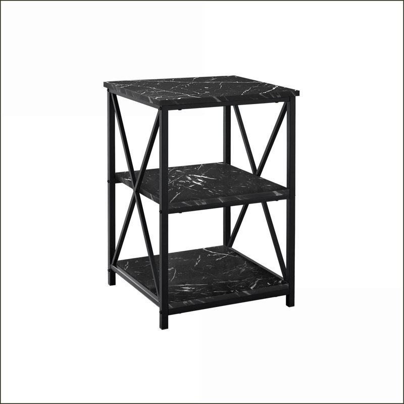 Table basse en marbre noir avec 2 tablettes, structure en métal noir pour le salon, Noir, Marbre