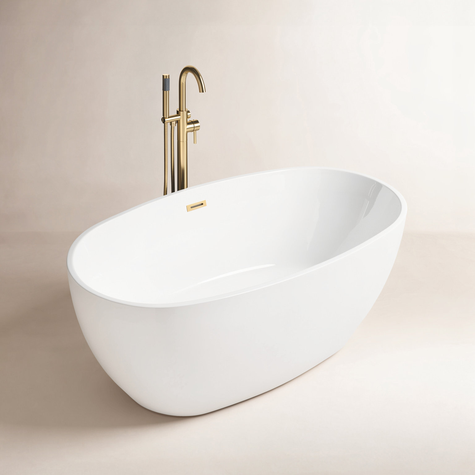 Ember 59" Freestanding Soaking Acrylic Bathtub, Brushed Gold, White