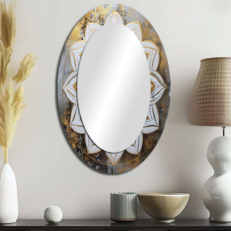 Miroir mural blanc et doré Mandala V - blanc bohémien, 36 po x 24 po
