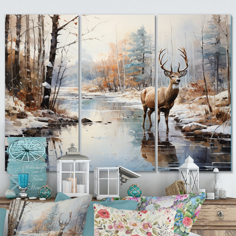 Cerf hiver sérénade sur toile, 3 pièces, H 28 po x l 36 po x P 1 po