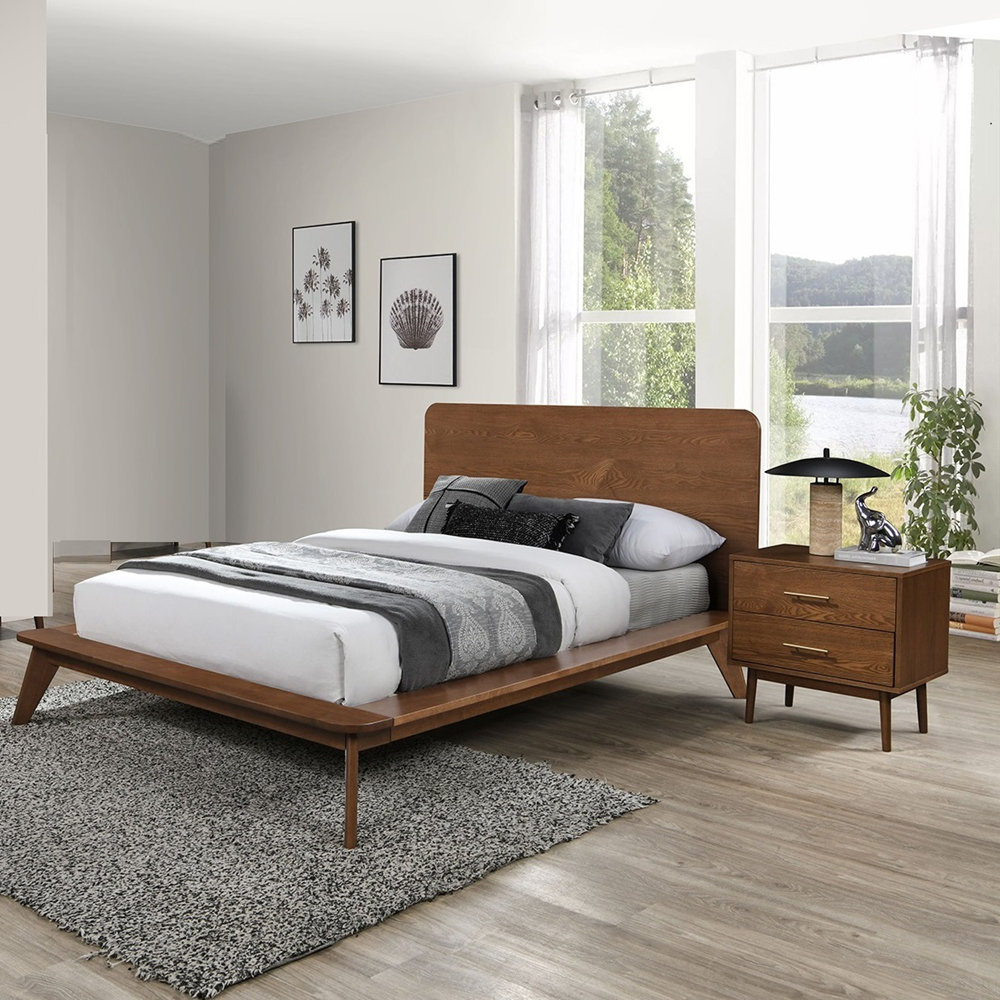 Corrigan Studio Mid-Century Modern Walnut Platform Bed Set with ...