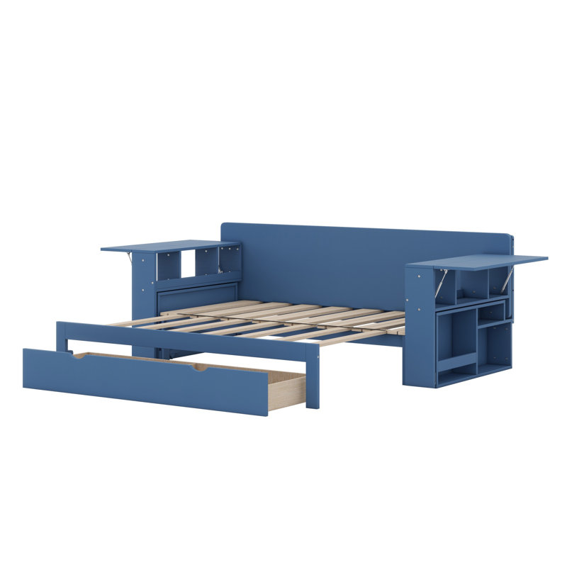 Daybed With Removable Desk, Storage Drawers & Hydraulic Side Table, Blue