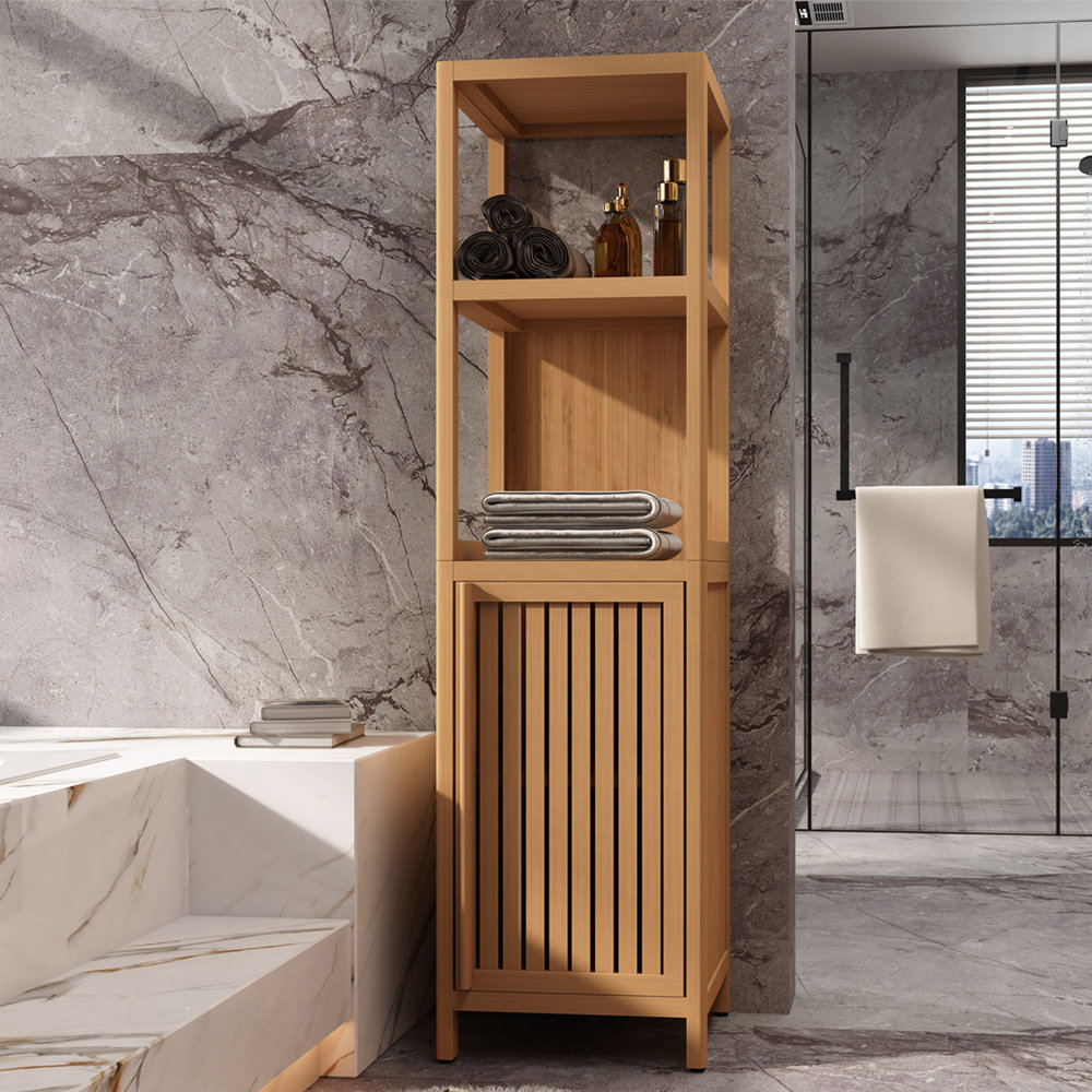 Ebern Designs Slim Bamboo Freestanding Linen Tower with 2 Shelves and ...