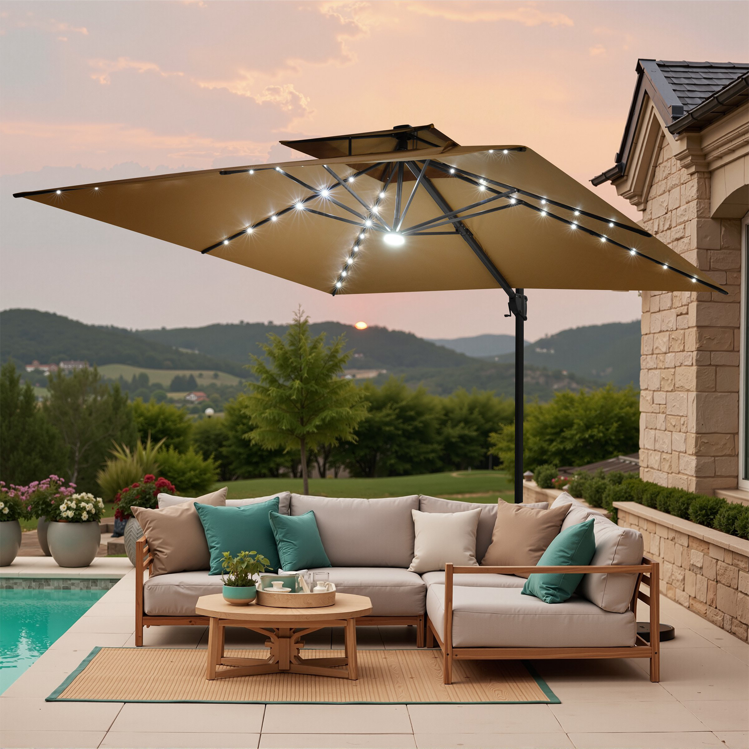 11x 11 Ft Square Patio Cantilever Umbrella With Led Lights